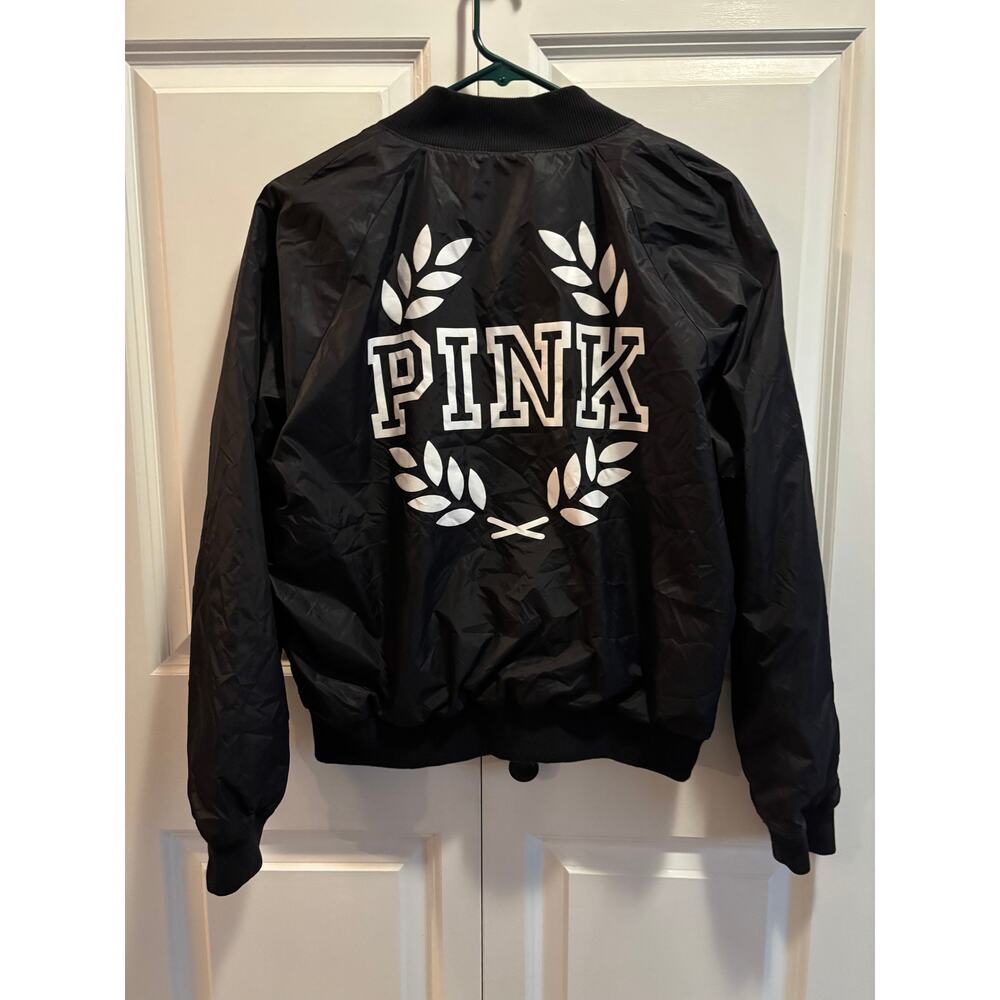 VTG Victoria Secret PINK Laurel Wreath Varsity Bomber Jacket Black Sz Large L55